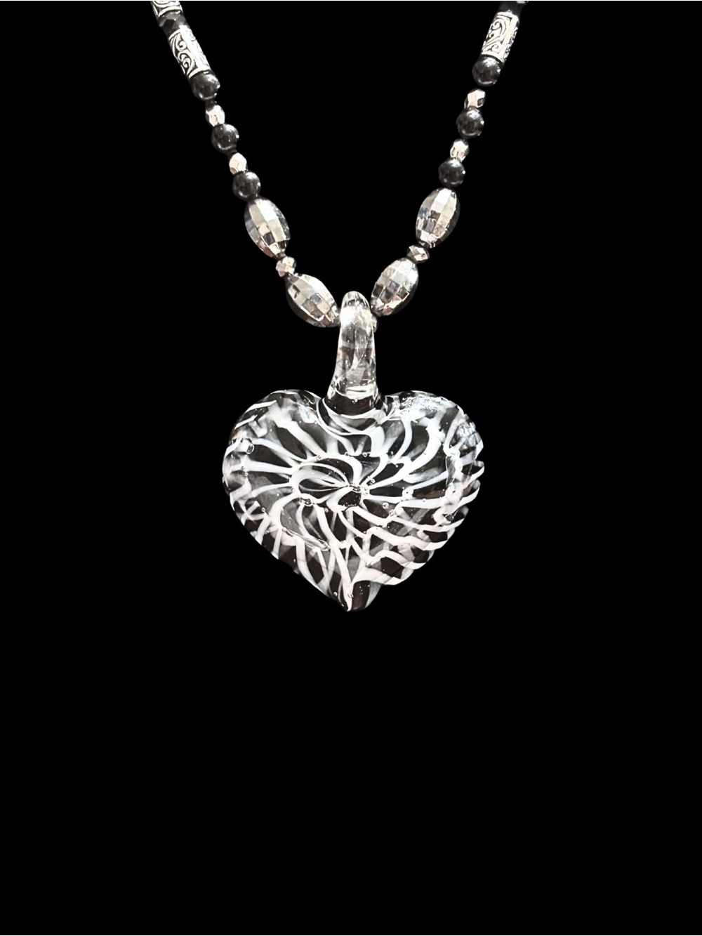 Hand Blown Glass Heart Pendant Beaded Necklace